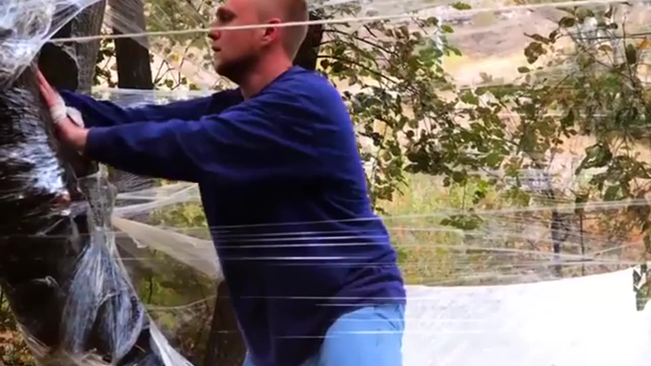 TEMPORARY SHELTER MADE WITH FOOD FILM TO SIT DOWN COMFORTABLY IN THE FOREST