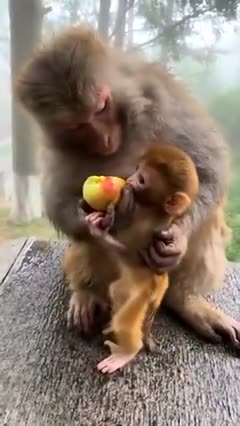 Mother monkey and baby enjoy fruit.
