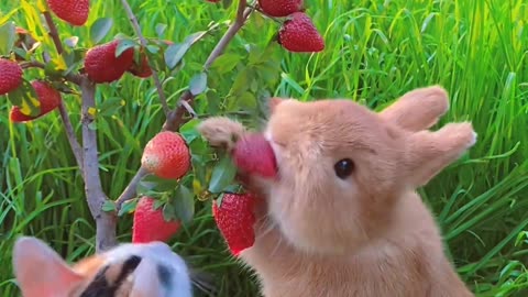 The bunny eats while watching the cat.