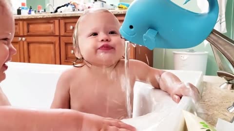 Funny baby playing with water 💦