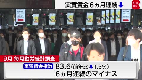 実質賃金 ６ヵ月連続でマイナス