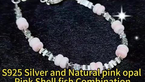 GN-20241009-04 S925 Silver and Natural pink opal Pink Shell fish Combination Bracelet Beautiful