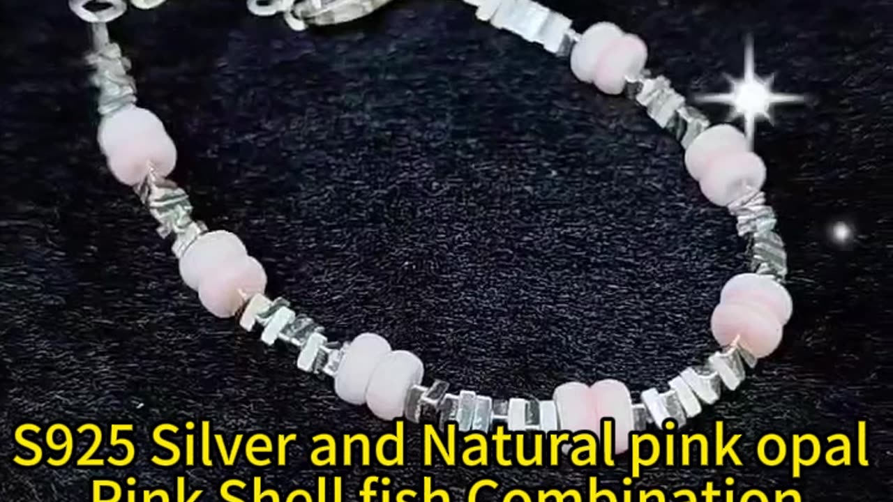 GN-20241009-04 S925 Silver and Natural pink opal Pink Shell fish Combination Bracelet Beautiful