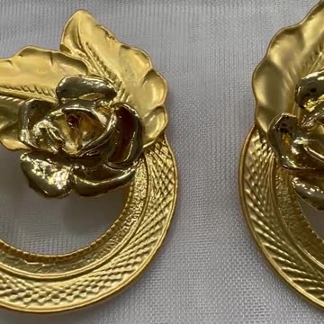 18KGP Gold Tone Earrings. Two Tone. Rose. Clip On. Matte Gold. Rare Find.