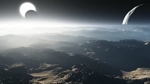 Flying over a rocky planet overlooking space