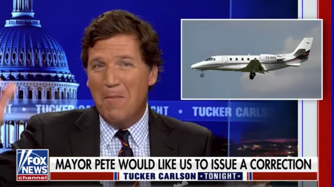 Tucker Carlson laughs over the Transportation Department asking him to issue a correction over his reporting on Pete Buttigieg's climate hypocrisy