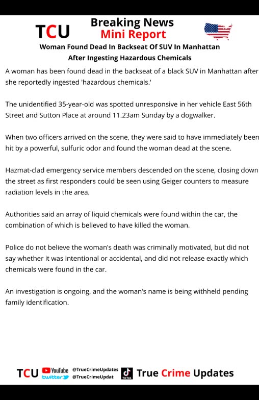 Woman Found Dead In Backseat Of SUV In Manhattan After Ingesting Hazardous Chemicals