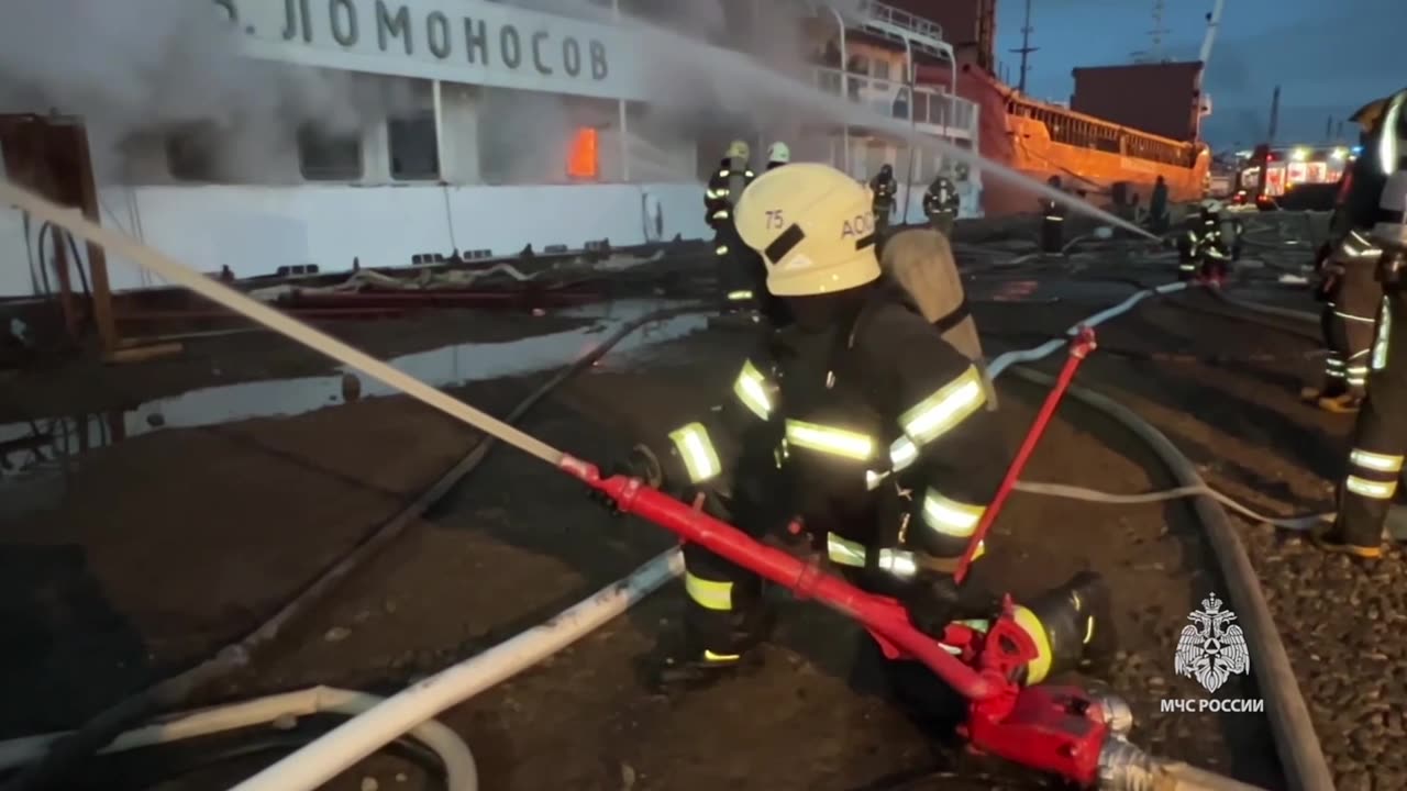 Several Ships Burning in the Russian Arctic Port of Arkhangelsk