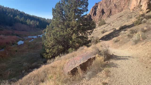 Central Oregon – Smith Rock State Park – Canyon Walls Towering over Trail – 4K