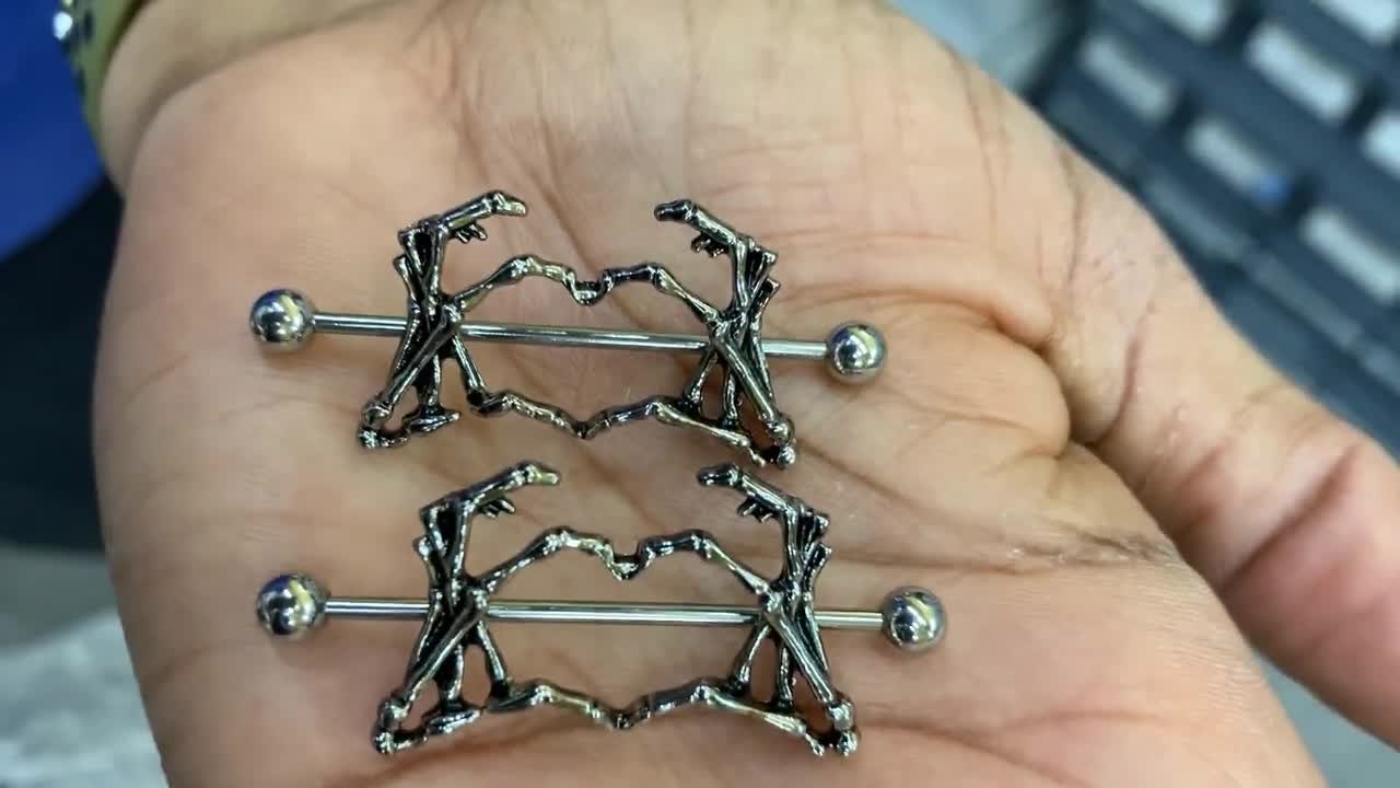 Skeleton Hand Heart Pair Of Nipple Shield long 14 Gauge Barbell 1 1/2