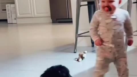 Baby girl is playing with her dog friend ...🐕🐕😘😘😘