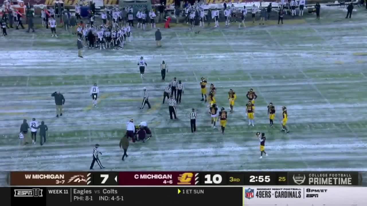 Central Michigan punt return man falls down after taking scary hit