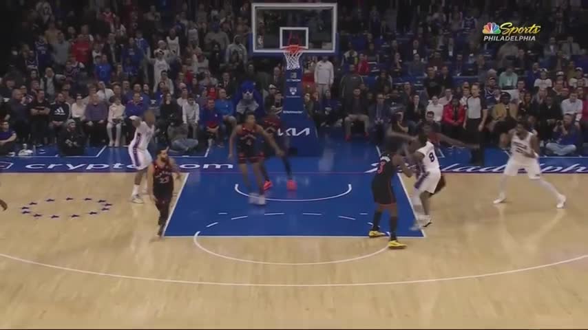 Raptors challenge potential Tobias Harris 4-point play, call changed to an offensive foul on Tucker