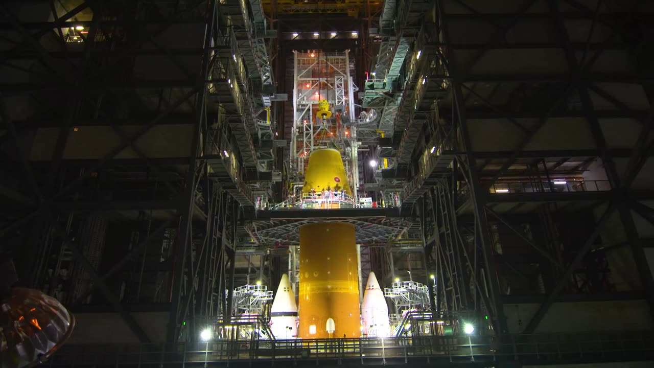 Watch as NASA stacks its Artemis Moon rocket at Kennedy Space Center