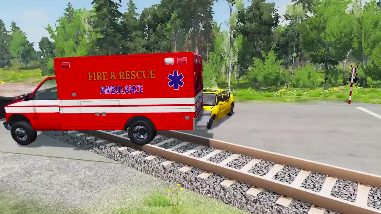 Long Flatbed Trailer Tractor Truck Rescue - Bus vs Railroads and Train - BeamNG.Drive