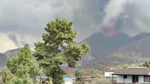 Moment of a massive explosion that just occurred in the La Cumbre Vieja volcano, La Palma, Canary,
