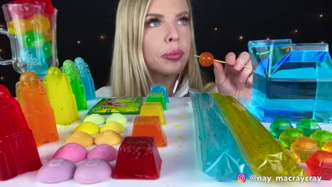 ASMR RAINBOW FOOD MUKBANG, LEMON JELLO FREEZIE, SKITTLES GUMMIES, BASIL SEED DRINK SOUND EFFECT 먹방