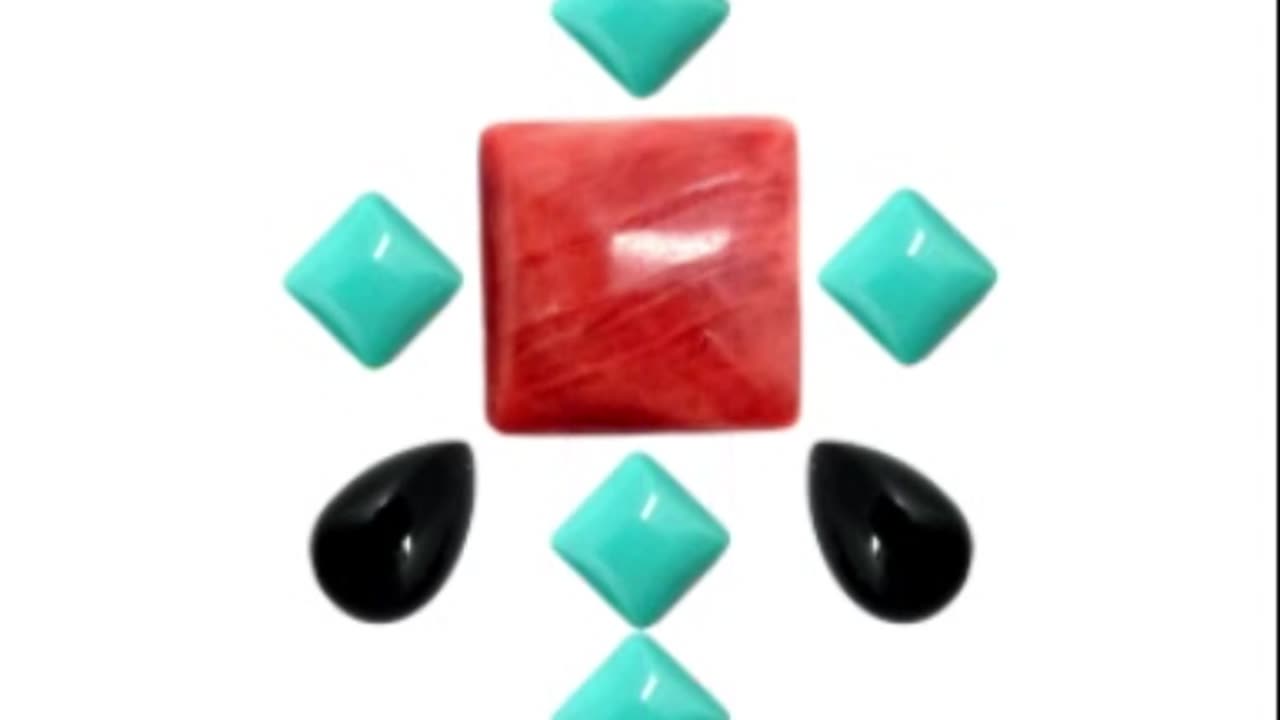 Natural turquoise and spiny oyster square cab with pear-shape onyx cabochon for Jewelry