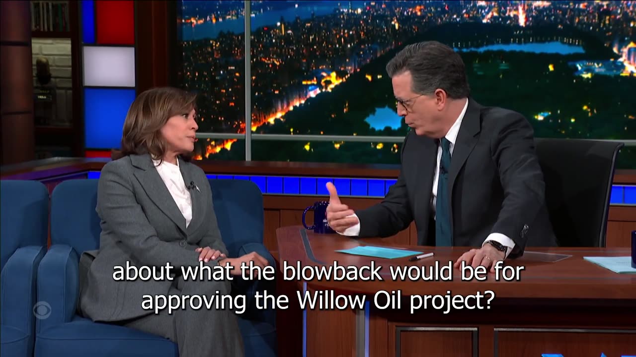 Kamala Harris speaks in riddles about the Willow Oil project on The Late Show with Stephen Colbert