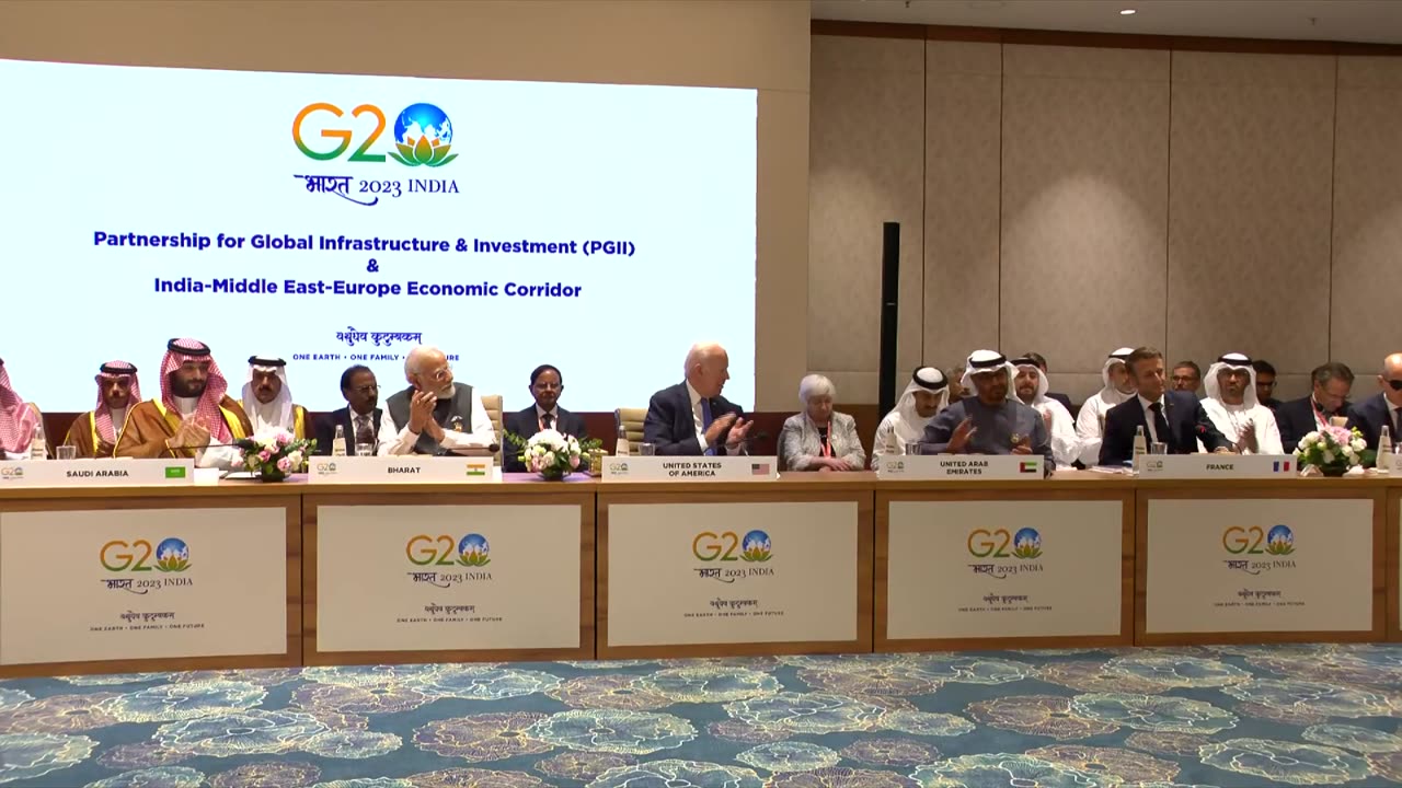 French President Emmanuel Macron addresses at the Partnership for Global Infrastructure, Investment
