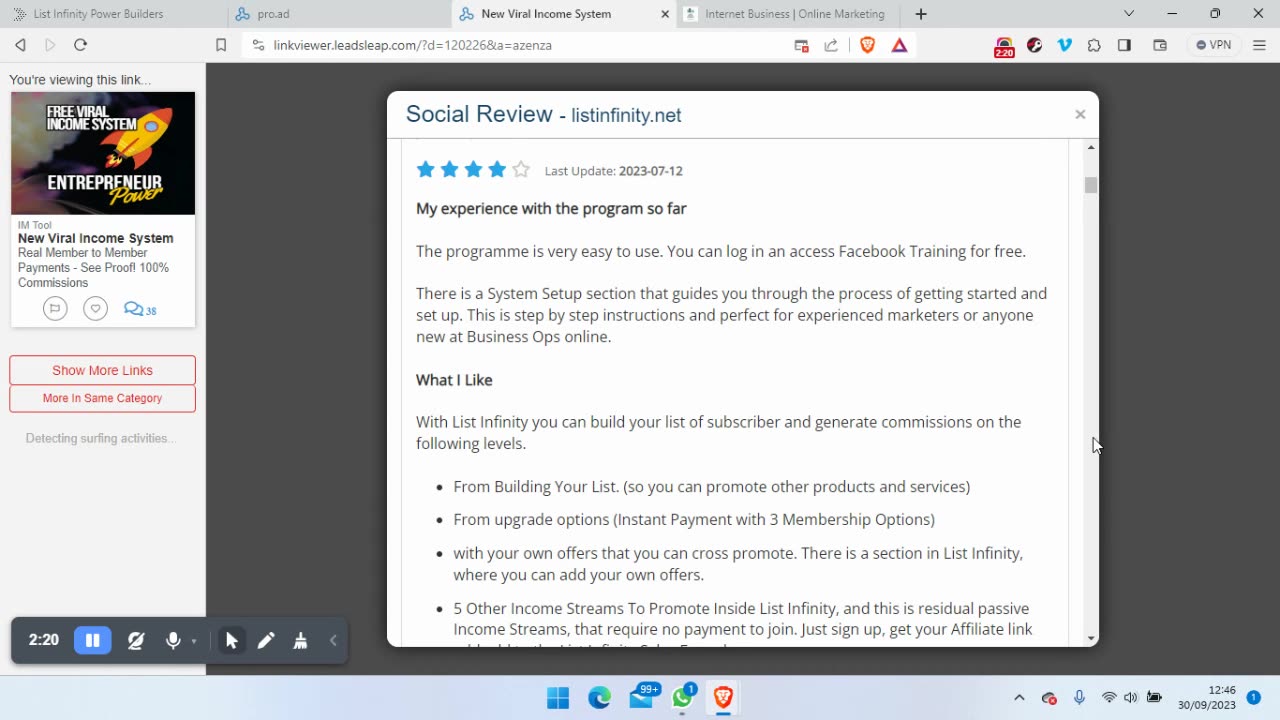 Free Viral Income System List Infinity 5 Star Reviews