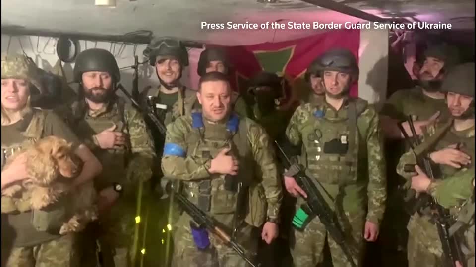 Ukrainian border guards sing national anthem in Azovstal