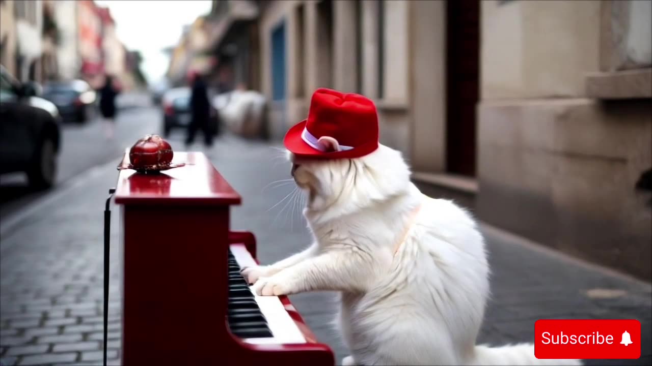 a cat playing piano