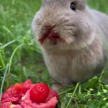 cute rabbit eating strabery