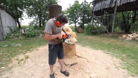 REAL SIZE WOODEN BEAR, amazing chainsaw wood carving