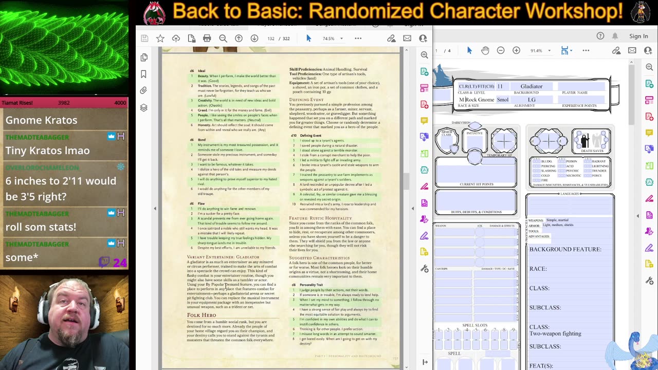 Rock Gnome Multiclass Cleric (Light) 7/Fighter (Champion) 4, Entertainer (Gladiator) - D&D 5E