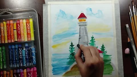 How to use Watercolour & Oilpastel ,step by step for BEGINNERS _ Easy & Simple Landscape Drawing