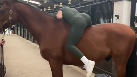 A girl mounting a horse