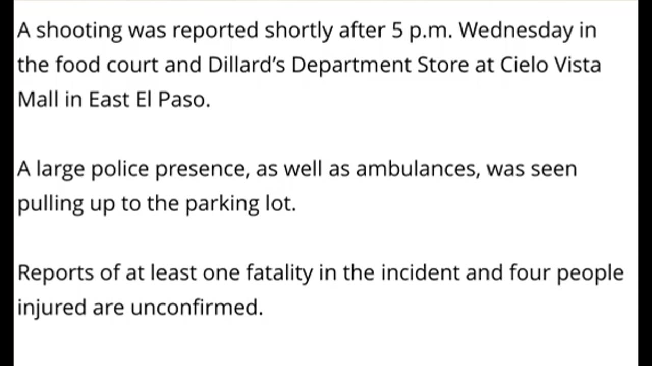 MASS SHOOTING El Paso Texas: Police Respond To Shots Fired In Food Court - 1 Dead, 2+ Injured