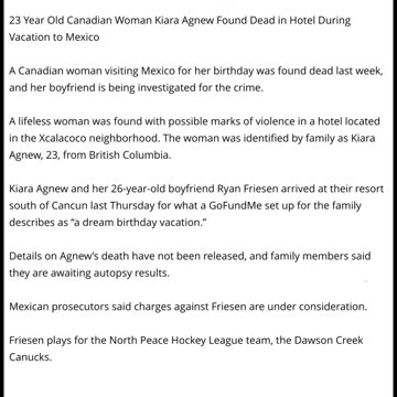 23 Year Old Canadian Woman Kiara Agnew Found Dead in Hotel During Vacation to Mexico