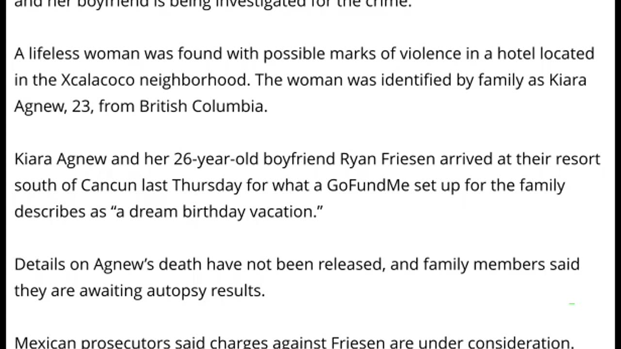 23 Year Old Canadian Woman Kiara Agnew Found Dead in Hotel During Vacation to Mexico