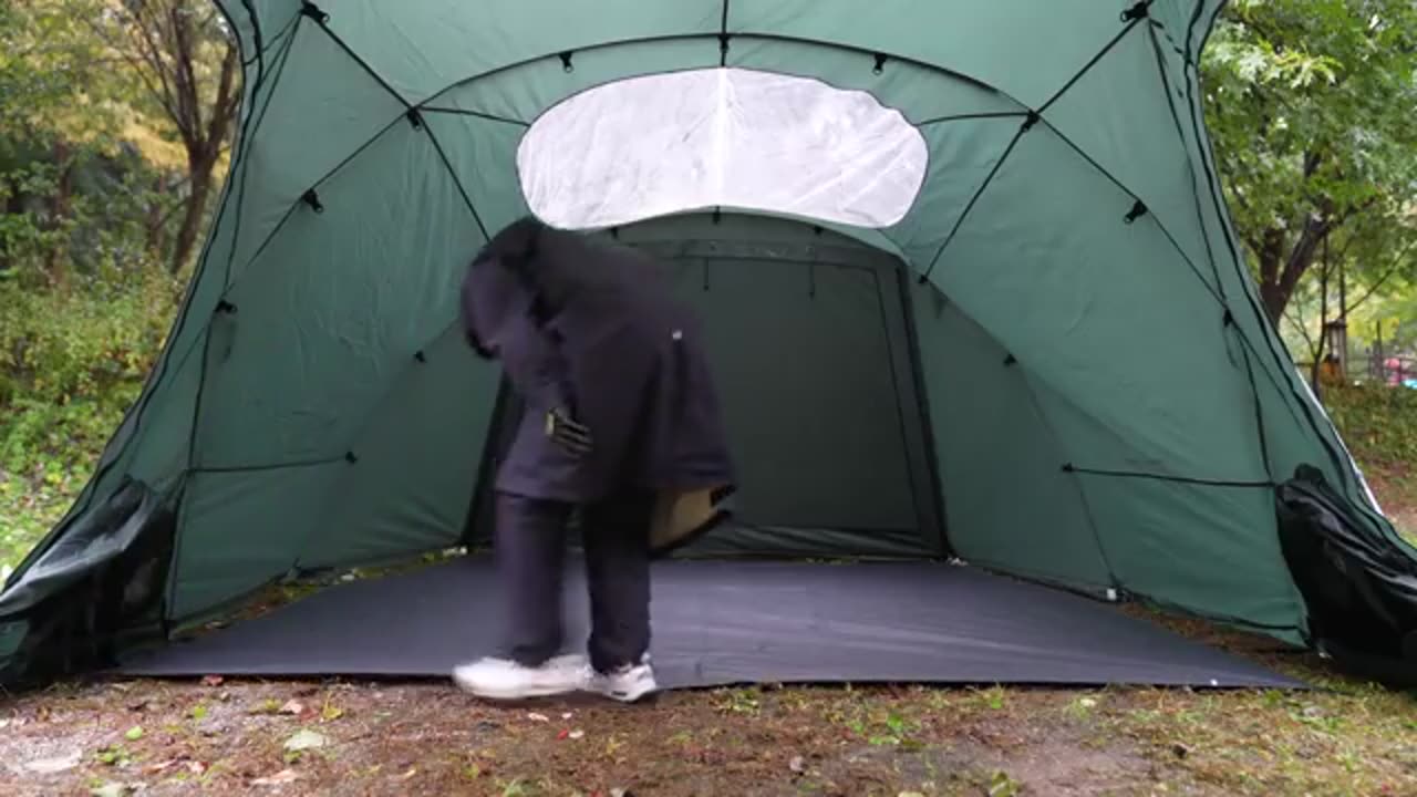 olo camping in luxury XL tent with living room and room in heavy rain ASMR