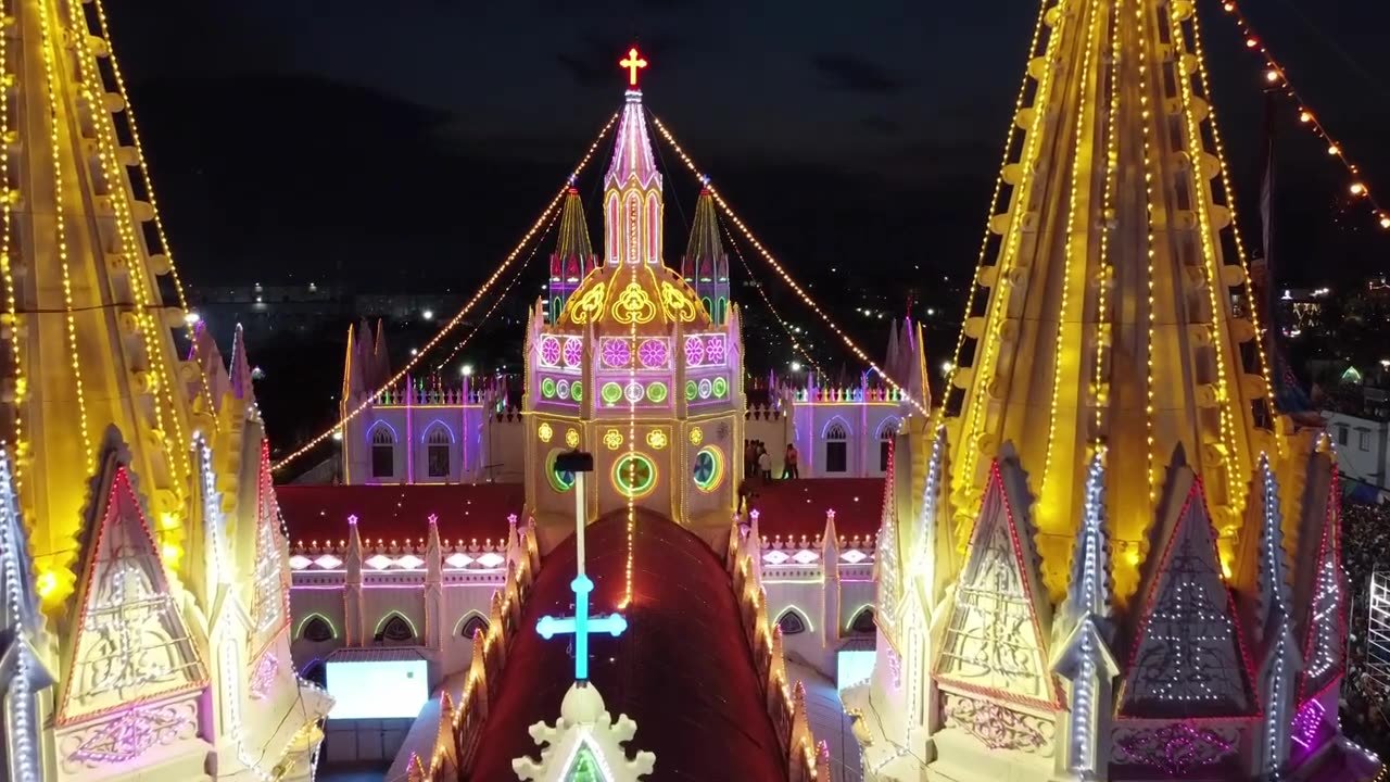 Velankanni Church decorated with lights night drone view