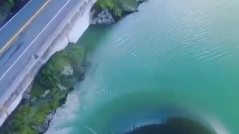 In the middle of the Monticello Dam in Lake Berryessa, Northern California, US,