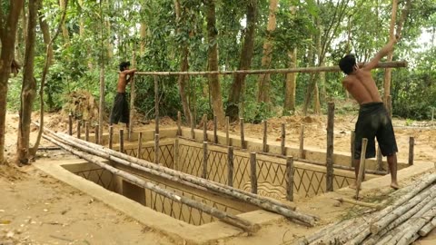 30 Days Building underground hut with grass roof & fireplace with clay With Swimming Pool So Beauti.