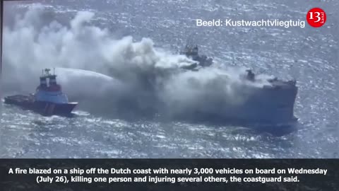 Aerial video shows fire still blazing on cargo ship off Dutch coast