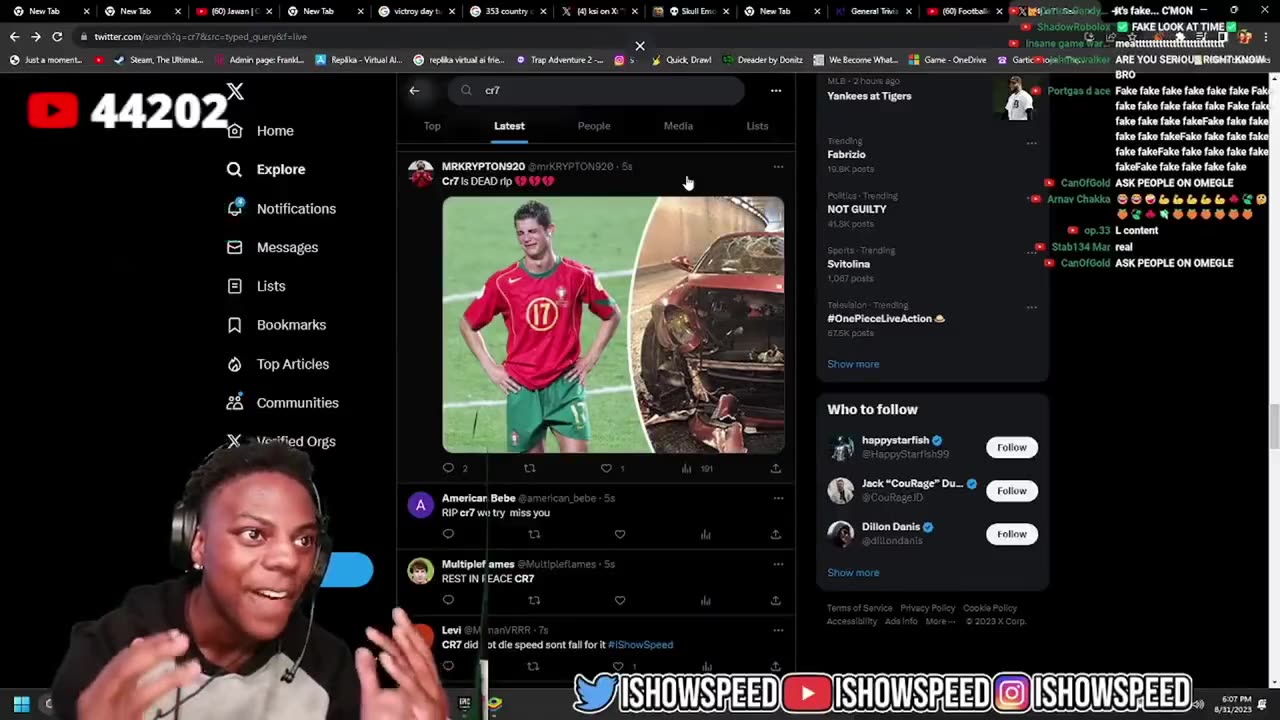 IShowSpeed cries after being trolled into believing Christiano Ronaldo died by his chat