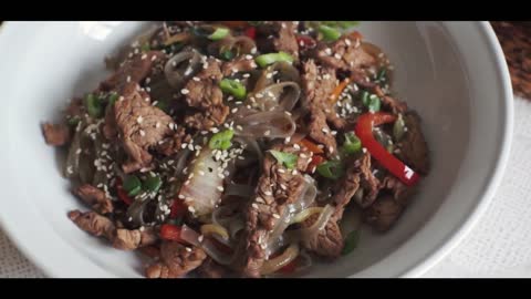 CGEats - Japchae with Korean Sesame Pork Stir Fry