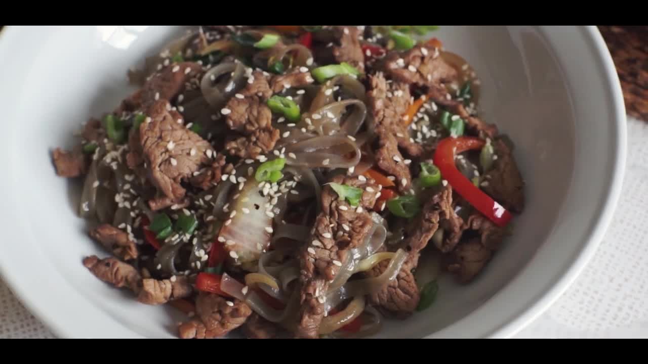 CGEats - Japchae with Korean Sesame Pork Stir Fry