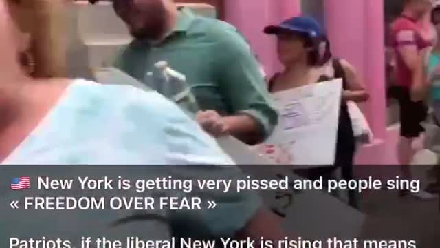 New Yorkers chanting “Freedom over Fear!” at vaccine pop up clinic.