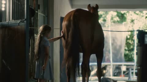 Little girl in blue dress using brush to comb tail of chestnut horse