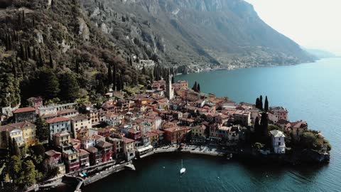 lake, houses, hill, mountain, boat