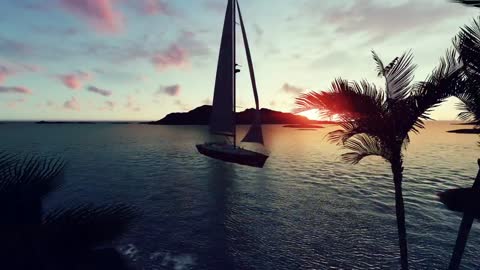 Sailboat sailing in a paradisiacal landscape