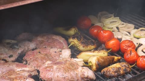 Grill meat and vegetables