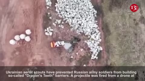 Drone interrupts work of Russians constructing “Dragon’s teeth” obstacles (2).