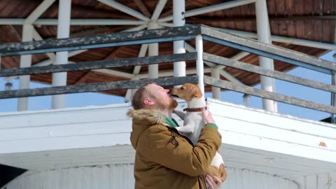 man throws dog Jack Russell in the background of the lighthouse